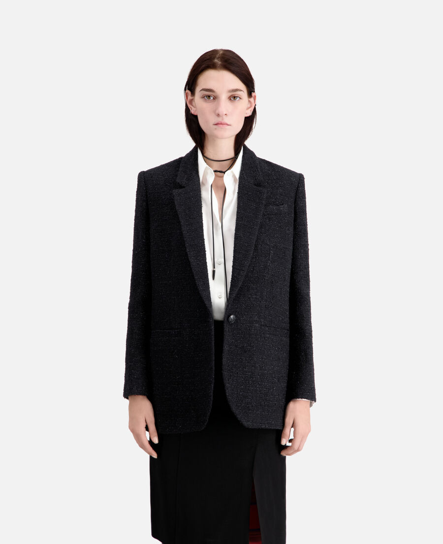 blazer noir en tweed avec détails fil argenté