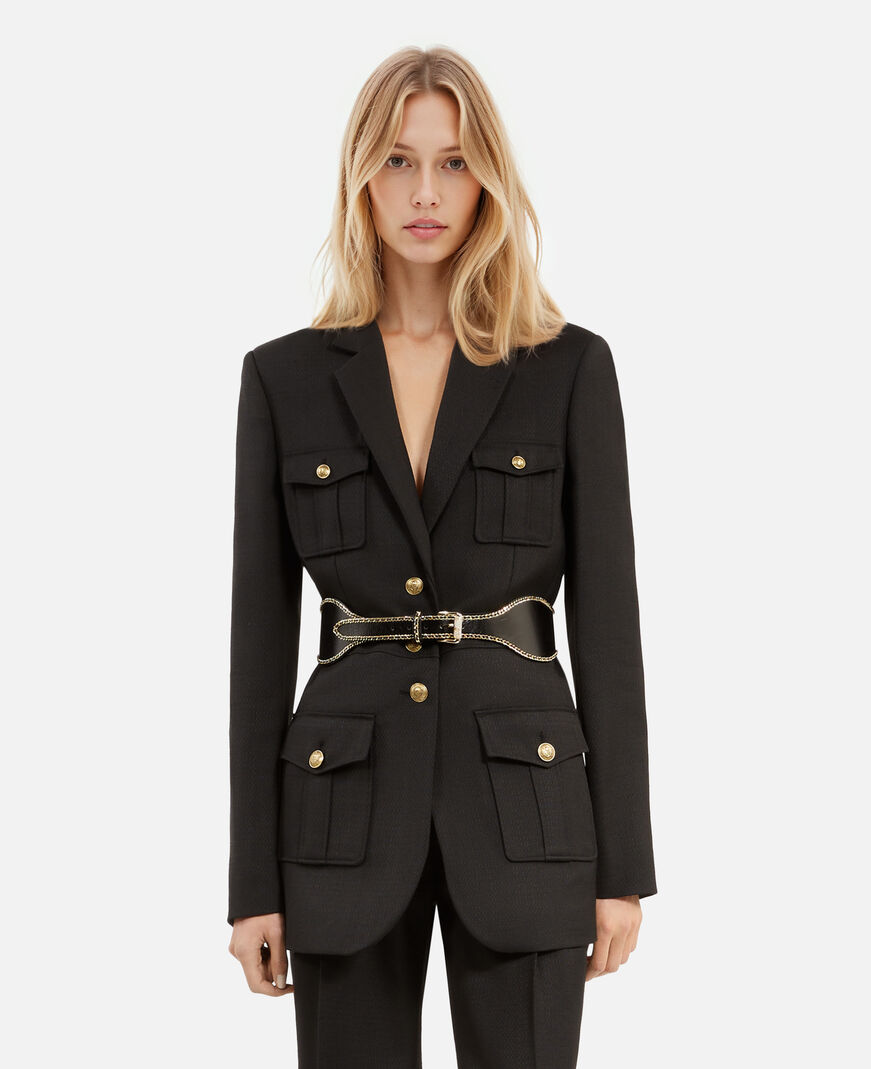 The Kooples DAMEN BLACK breiter, schwarzer ledergürtel mit kettchen
