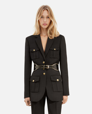 The Kooples DAMEN BLACK breiter, schwarzer ledergürtel mit kettchen