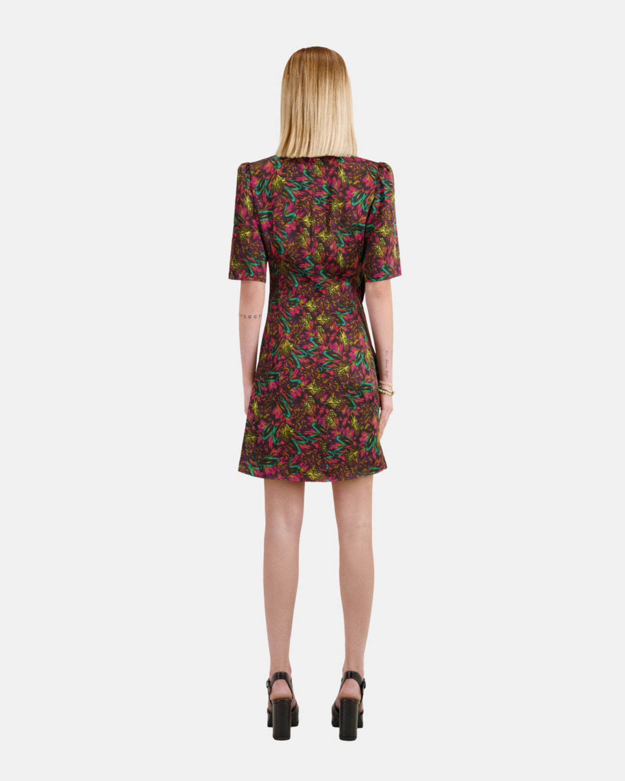 The Kooples WOMEN MULTICOLOR multicolor feather print short sleeve short dress with draping
