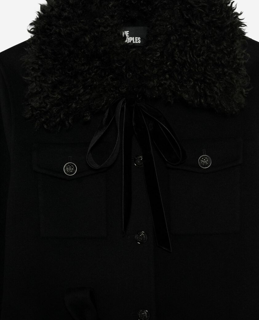 The Kooples FEMME BLACK manteau long en laine double face col sherpa noir