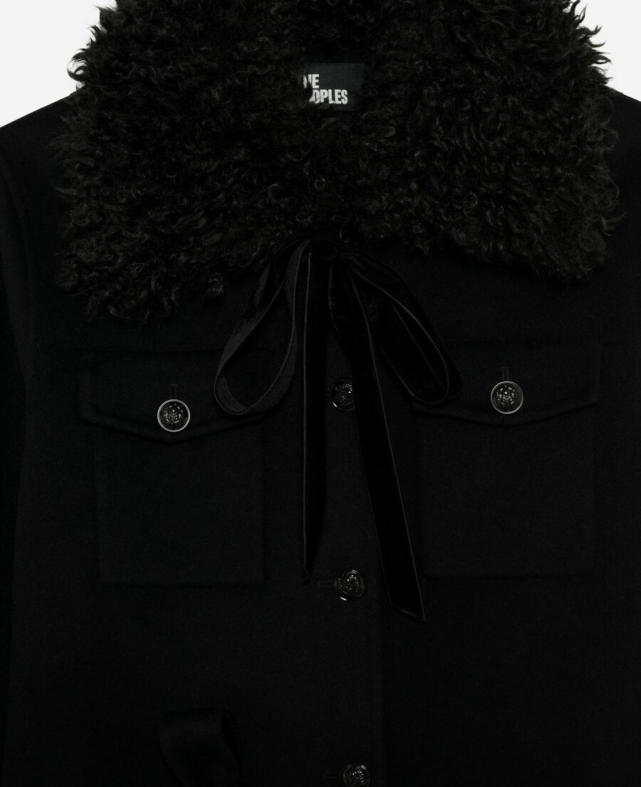 The Kooples WOMEN BLACK long double-sided wool coat with black sherpa collar