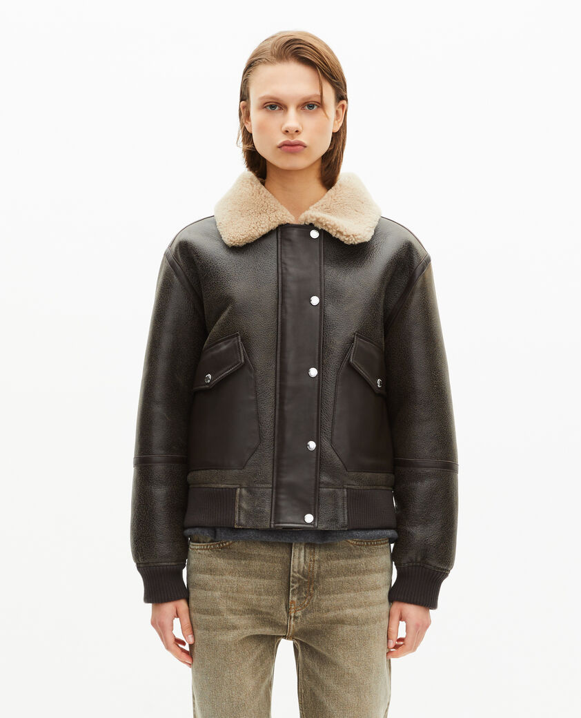 The Kooples FEMME BROWN peau lain&eacute;e courte marron