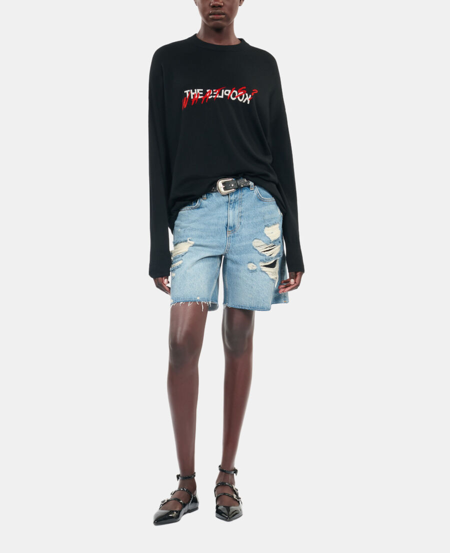 The Kooples DAMEN BLACK RED OFF WHITE schwarzer pullover &bdquo;what is&ldquo; aus wolle