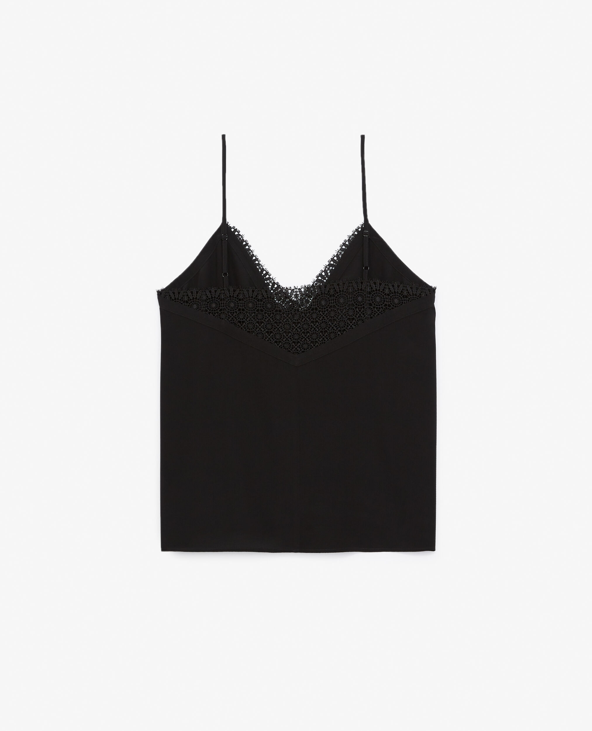 Black silk camisole with V-neck and lace back, BLACK, hi-res image number null