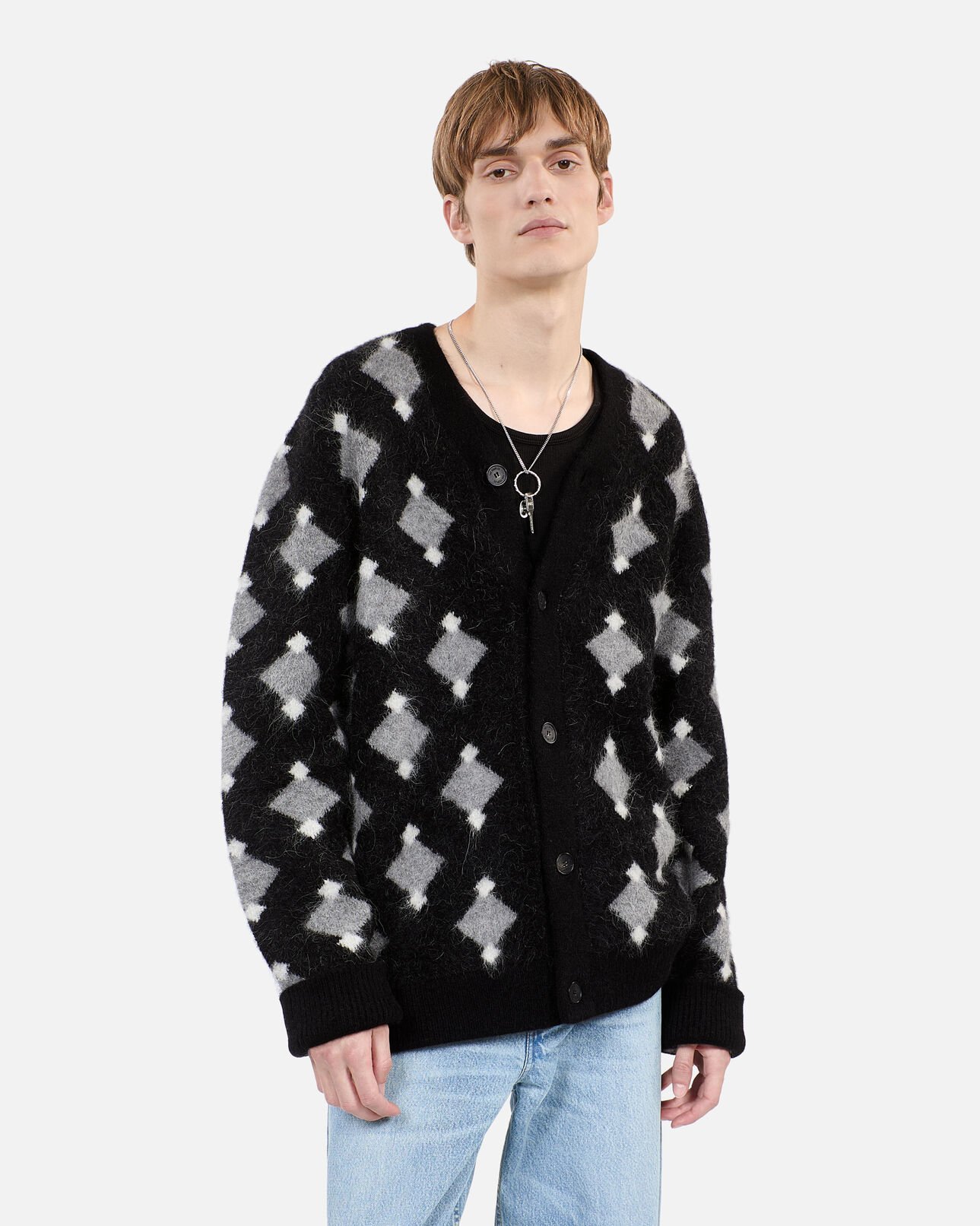 The Kooples HERREN BLACK GREY WHITE schwarz-weißer cardigan mit rautenmotiv