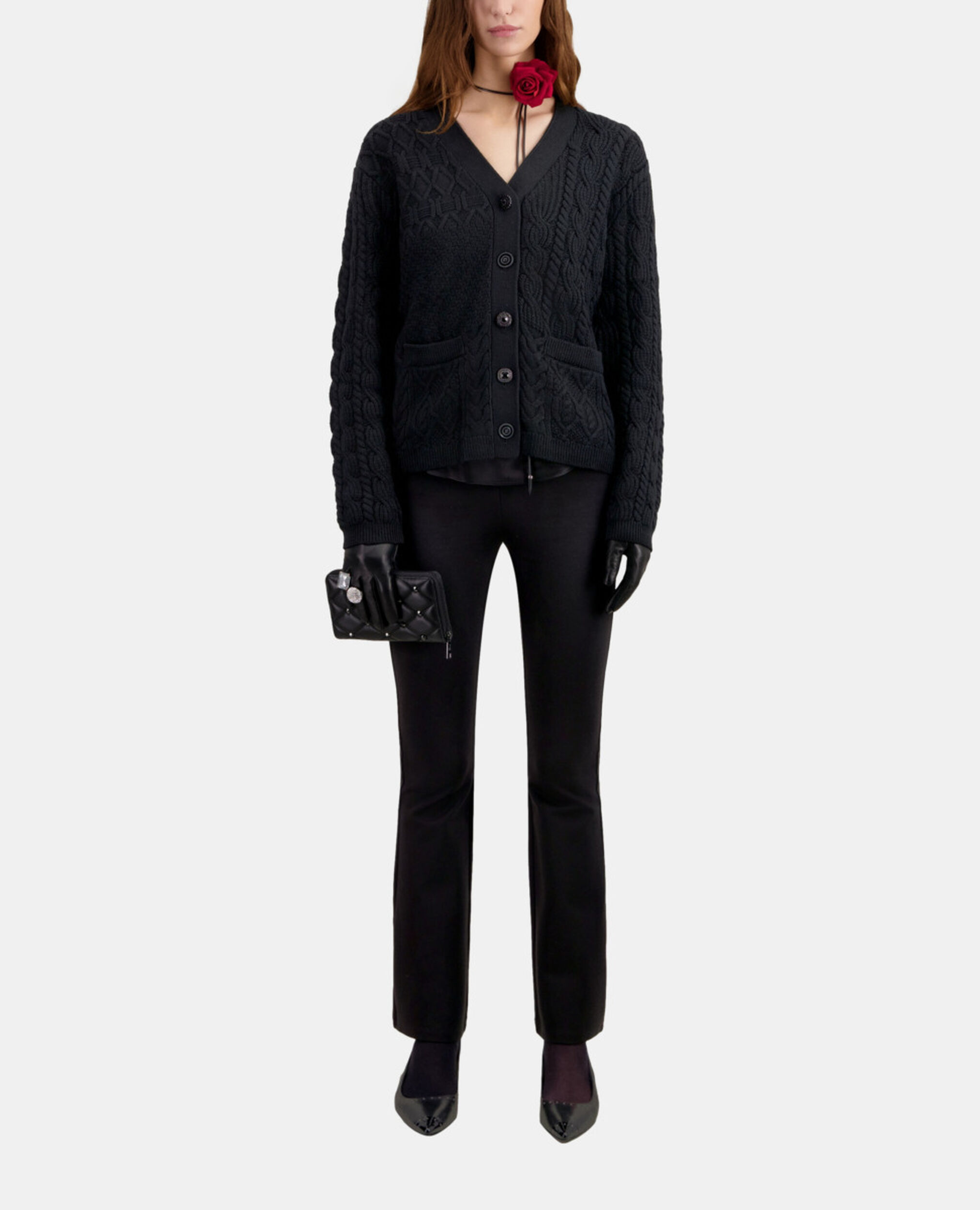 Cardigan noir en laine torsadée, BLACK, hi-res image number null