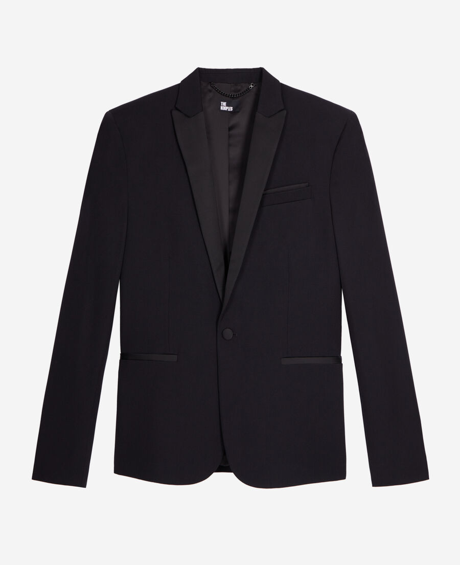 The Kooples HOMBRE BLACK chaqueta de esmoquin con detalles de sat&eacute;n, negra slim fit