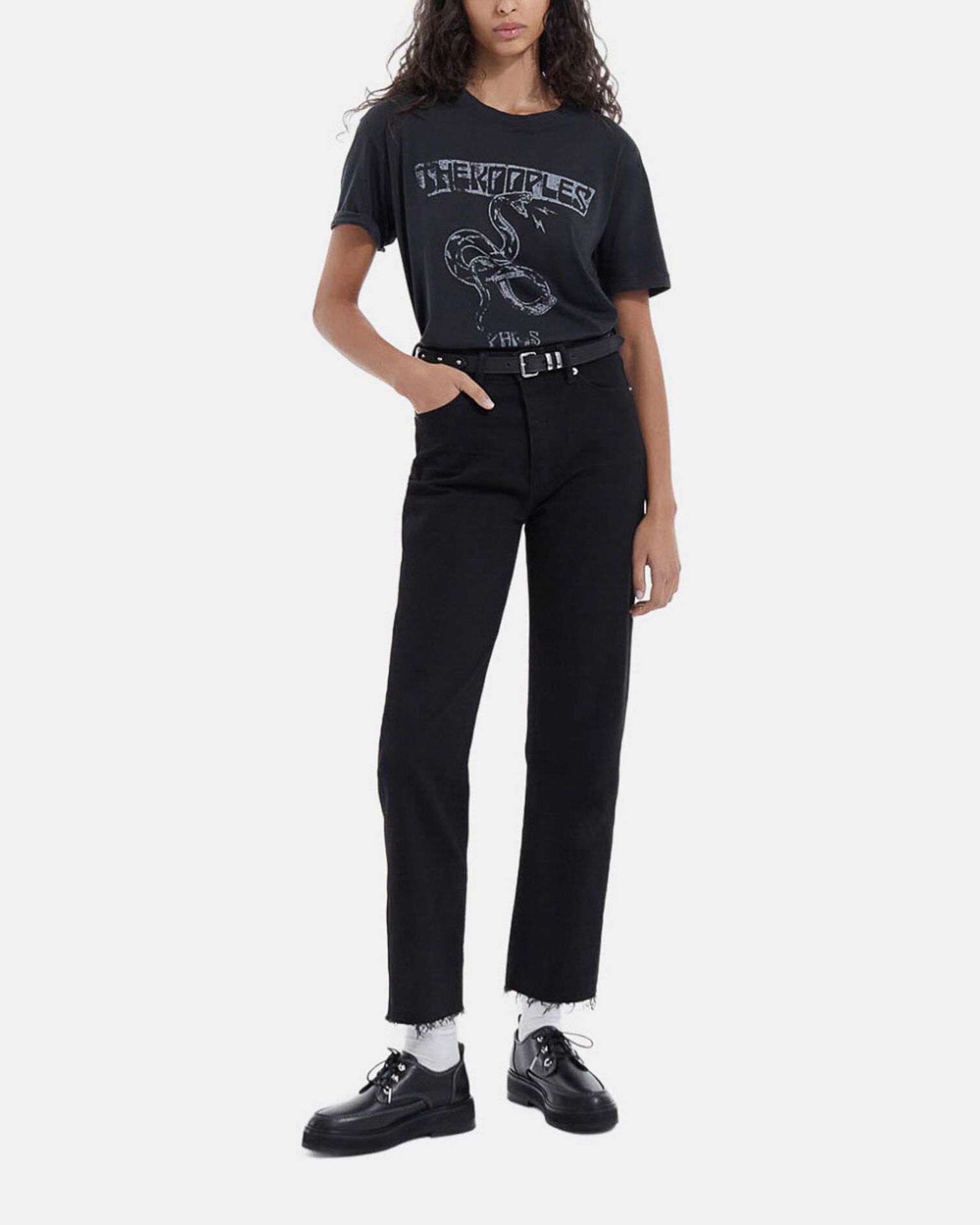 T-shirt noir délavé coton motif serpent, BLACK WASHED, hi-res image number null