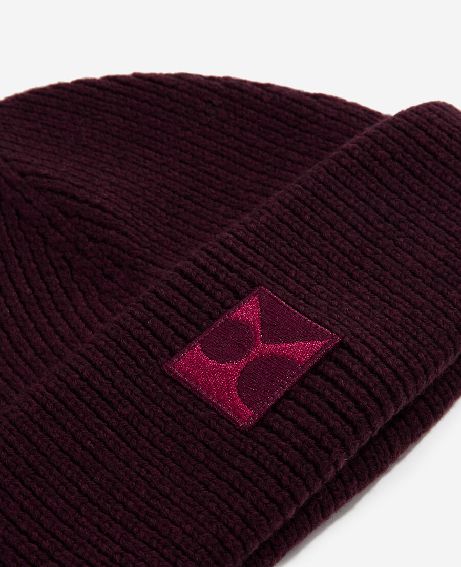 burgundy wool beanie with embroidered k patch