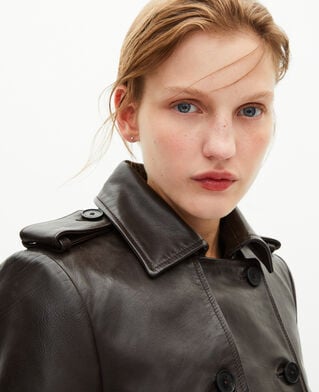 The Kooples WOMEN DARK BROWN MELANGE long brown leather trench coat