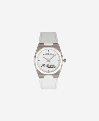 The Kooples MIXED SILVER watch with logo and white leather strap