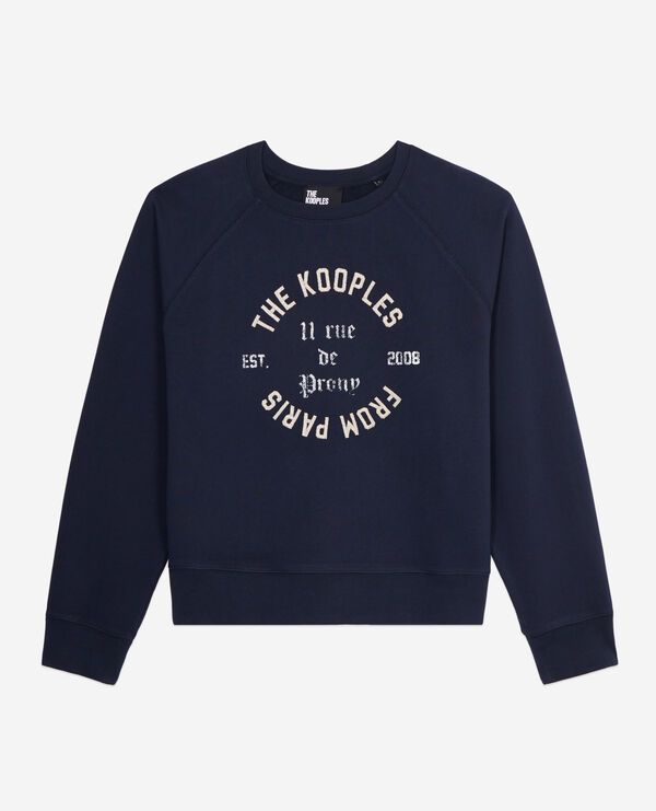 navy blue sweatshirt with 11 rue de prony serigraphy