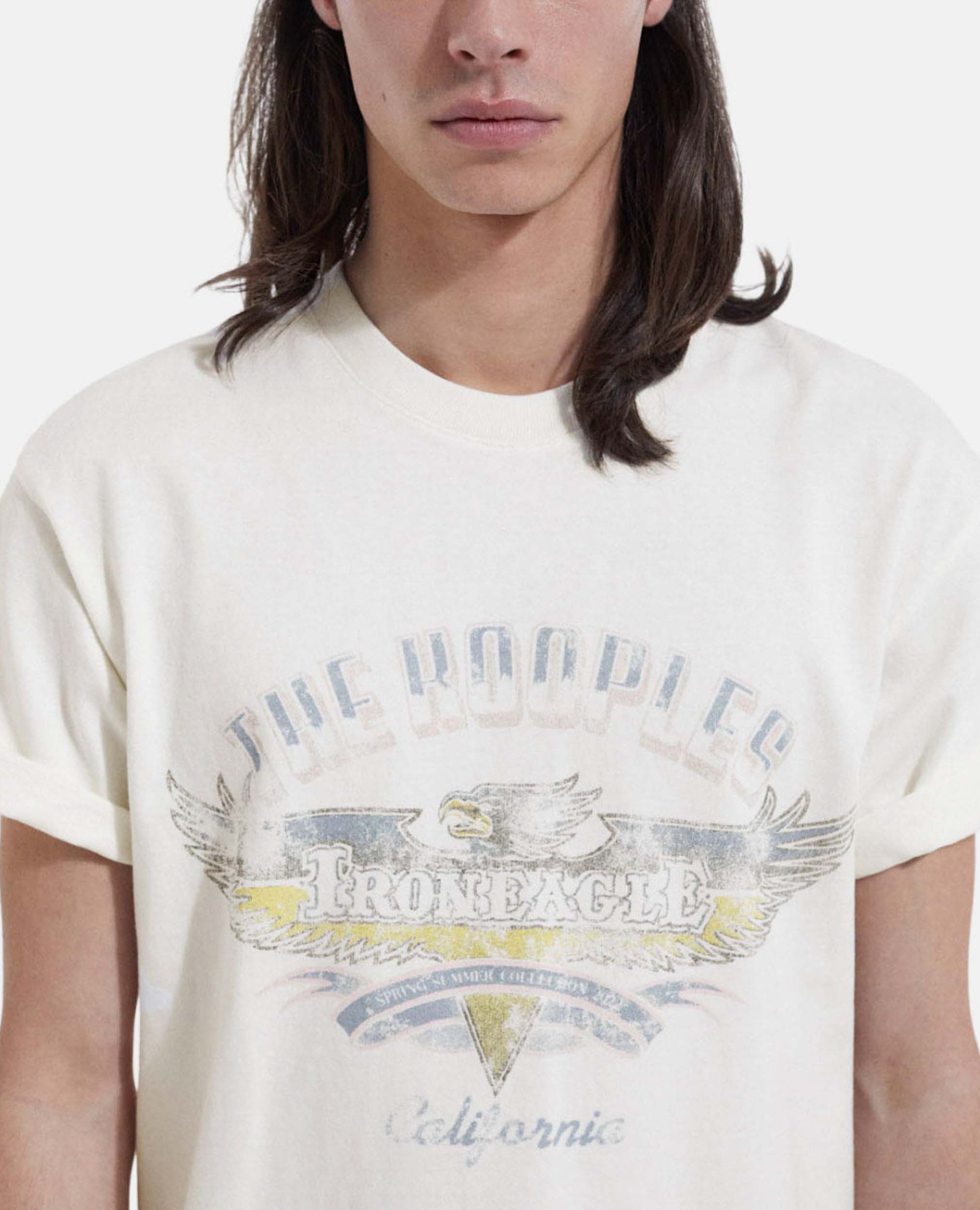 Faded ecru crew neck T shirt with eagle print The Kooples US