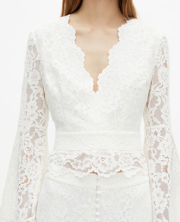 The Kooples MUJER ECRU top de encaje blanco con mangas acampanadas