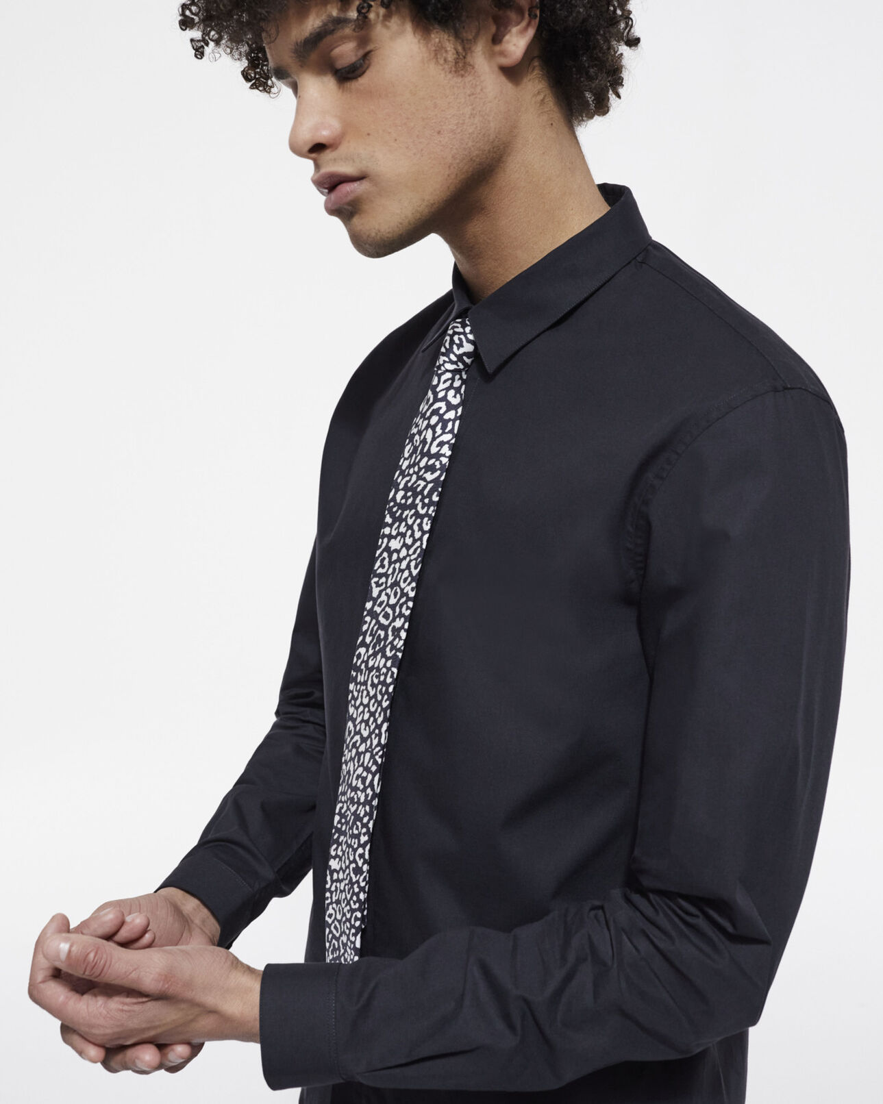 The Kooples MEN BLACK WHITE black silk tie with leopard print