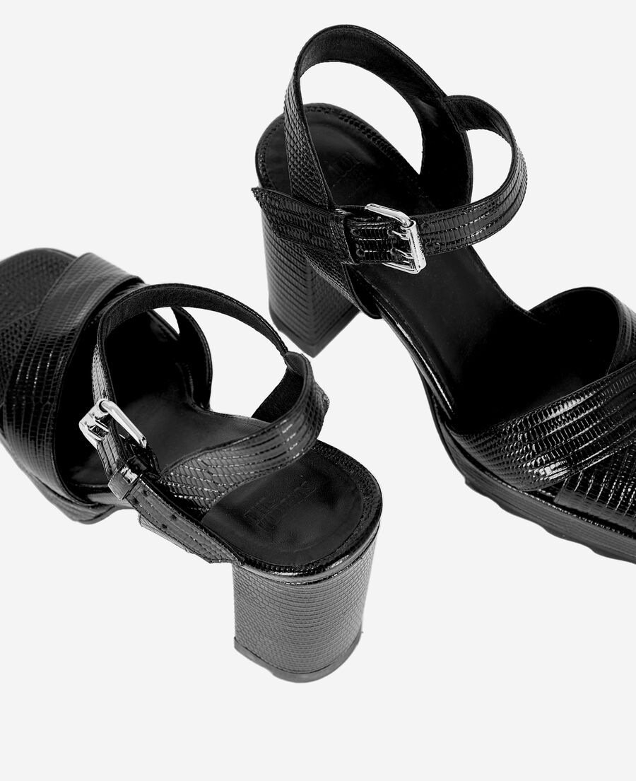 sandales à talons en cuir noir effet lézard