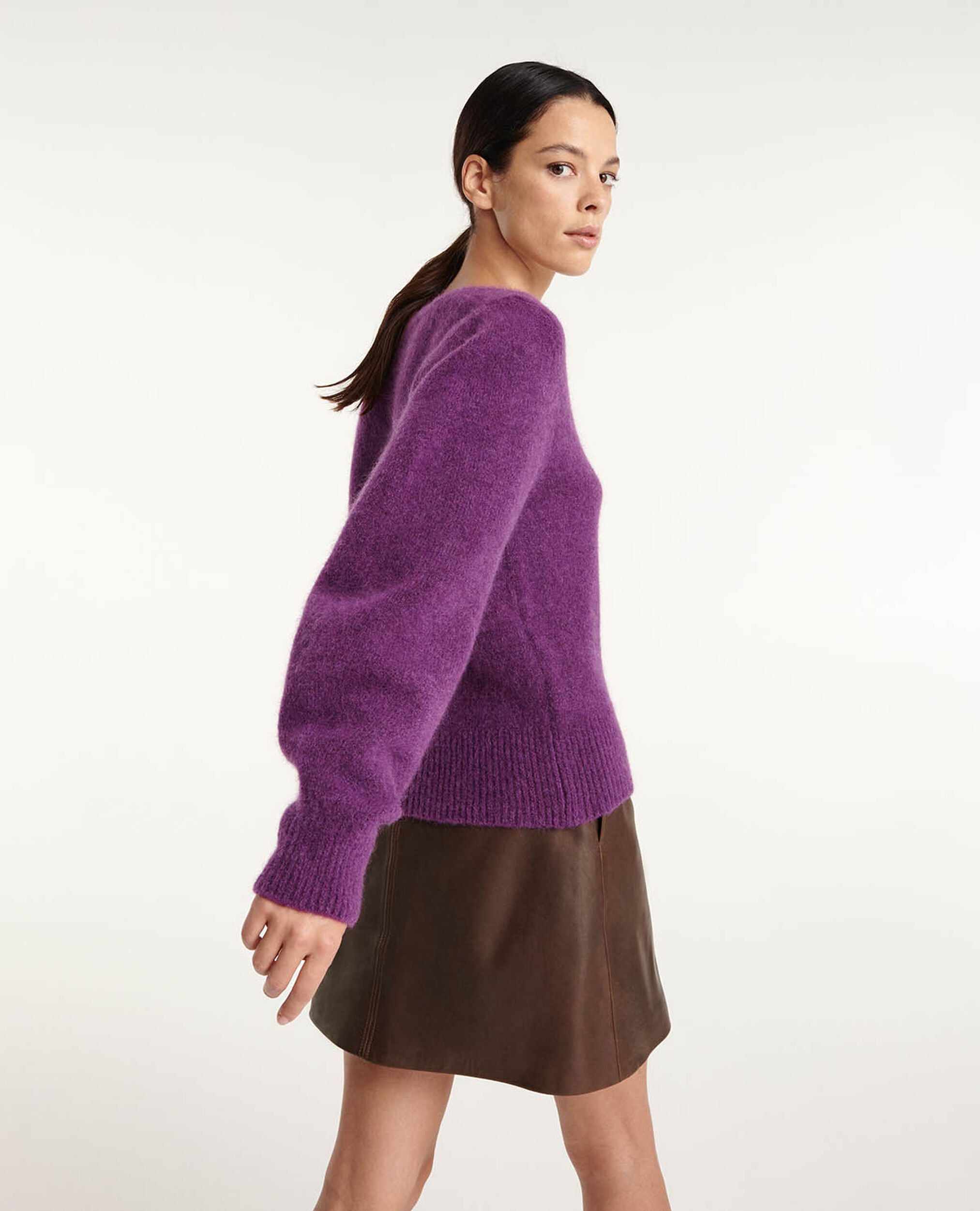 Purple V-neck sweater with loose sleeves, PURPLE, hi-res image number null
