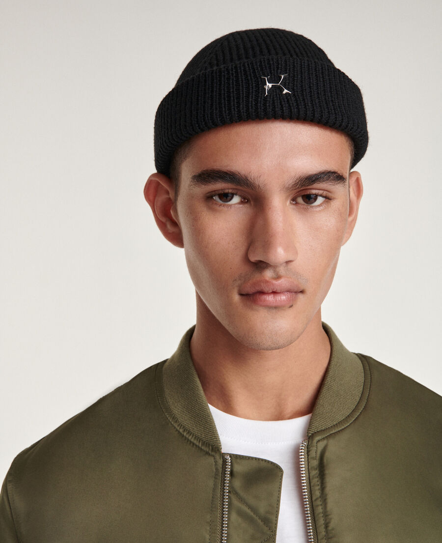 Short wool beanie in black with K monogram The Kooples