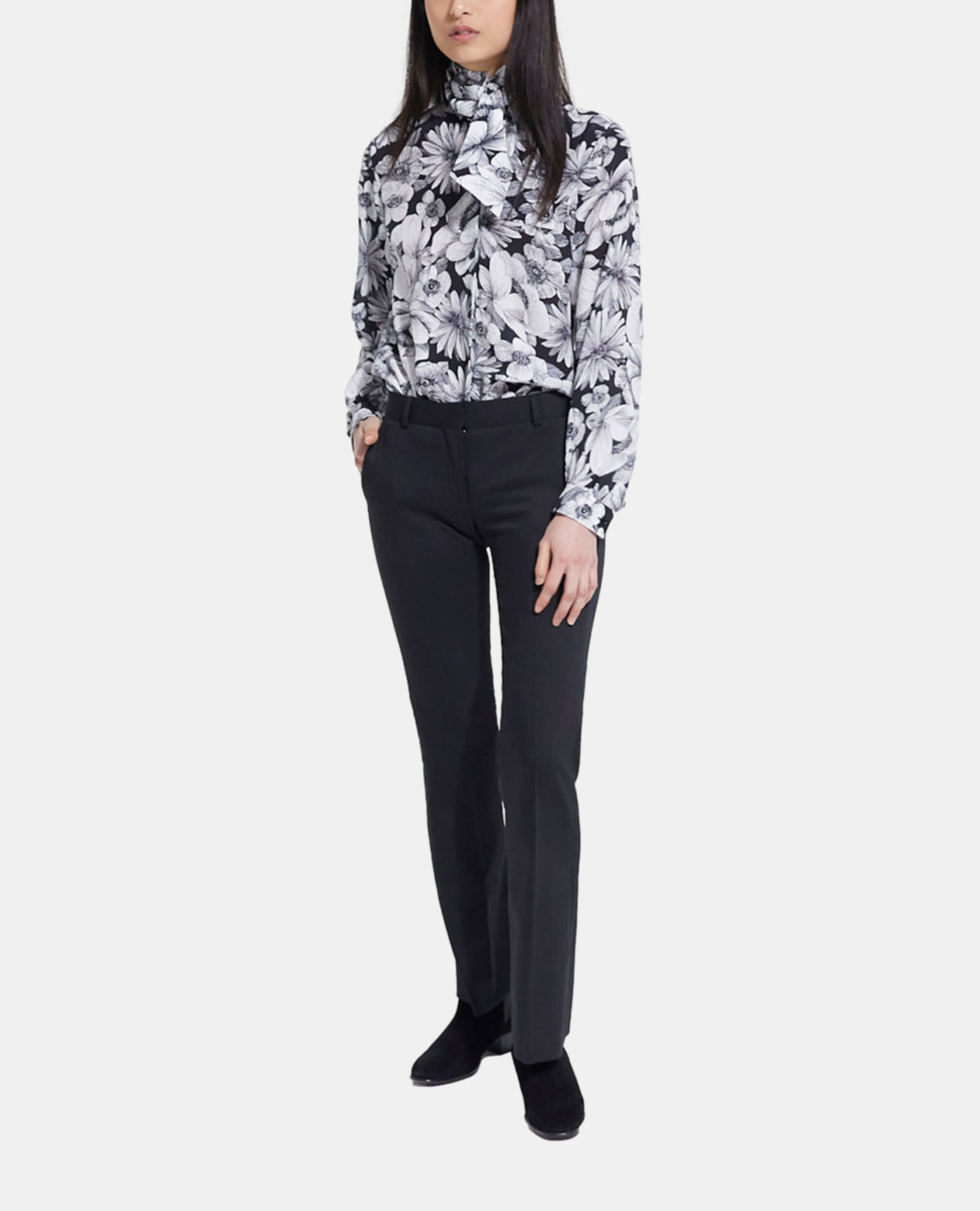 Floral silk shirt pussy bow collar, BLACK WHITE, hi-res image number null