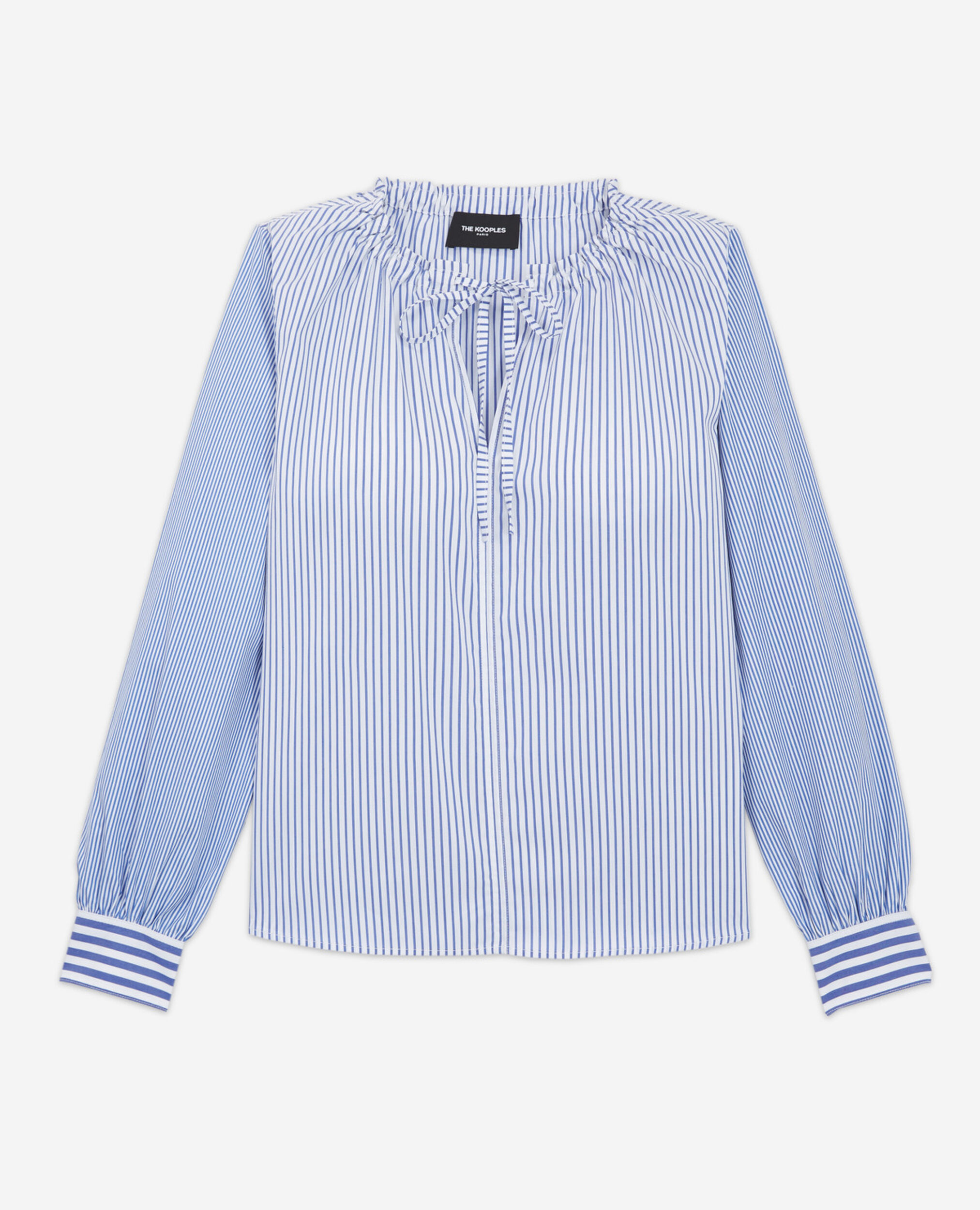 Striped cotton printed blue top with tie-drop neck, BLUE WHITE, hi-res image number null