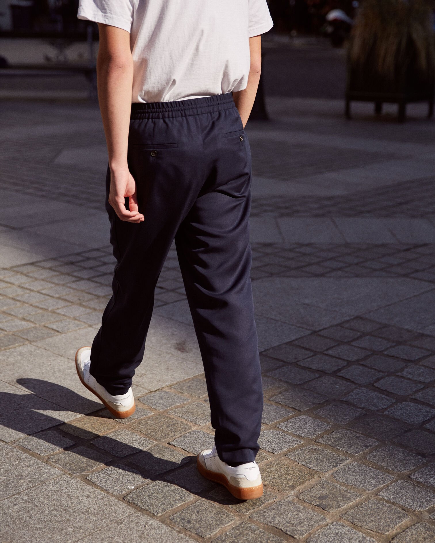 Navy blue cotton twill trousers with woven beige piping, NAVY, hi-res image number null