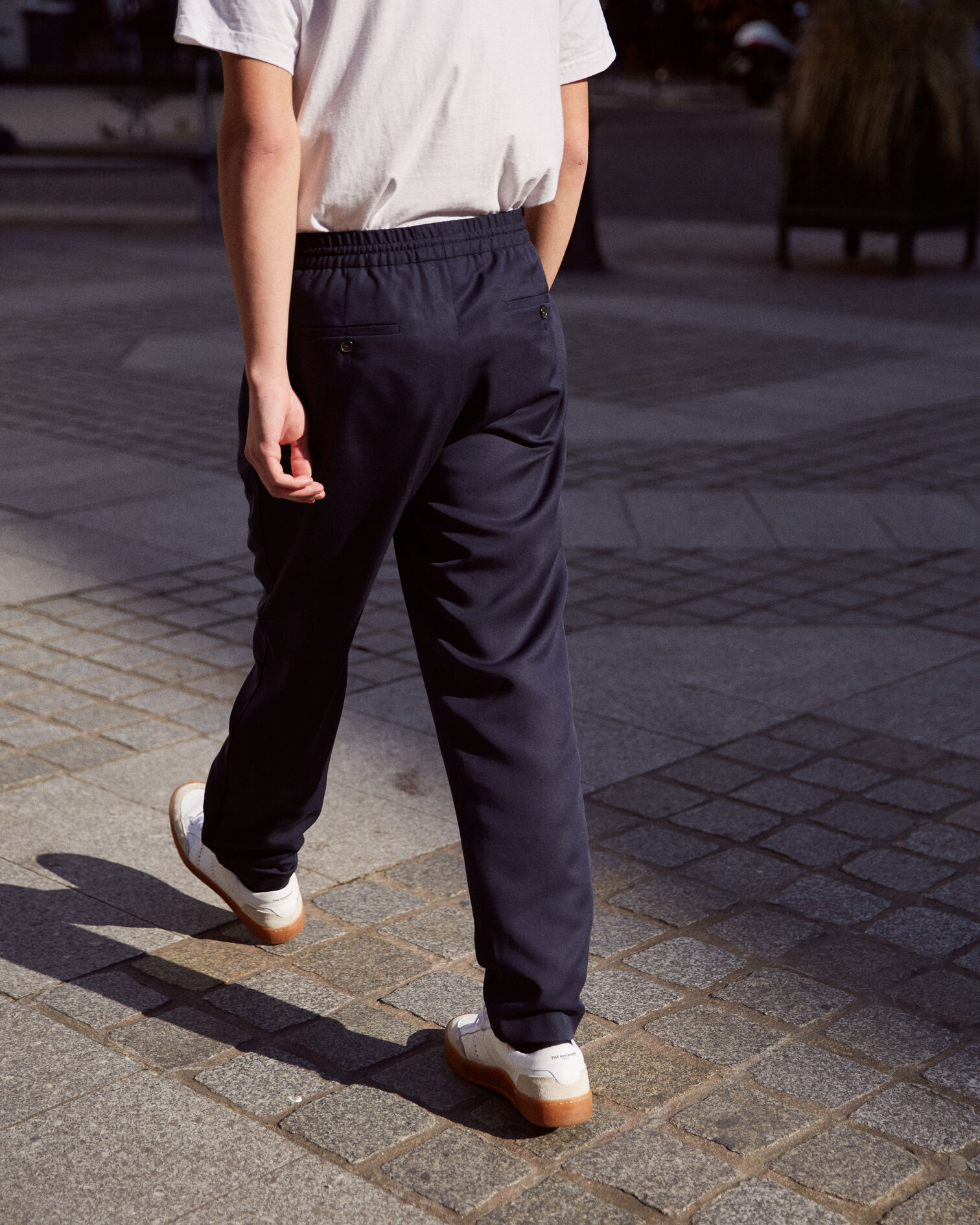 Navy blue cotton twill trousers with woven beige piping, NAVY, hi-res image number null