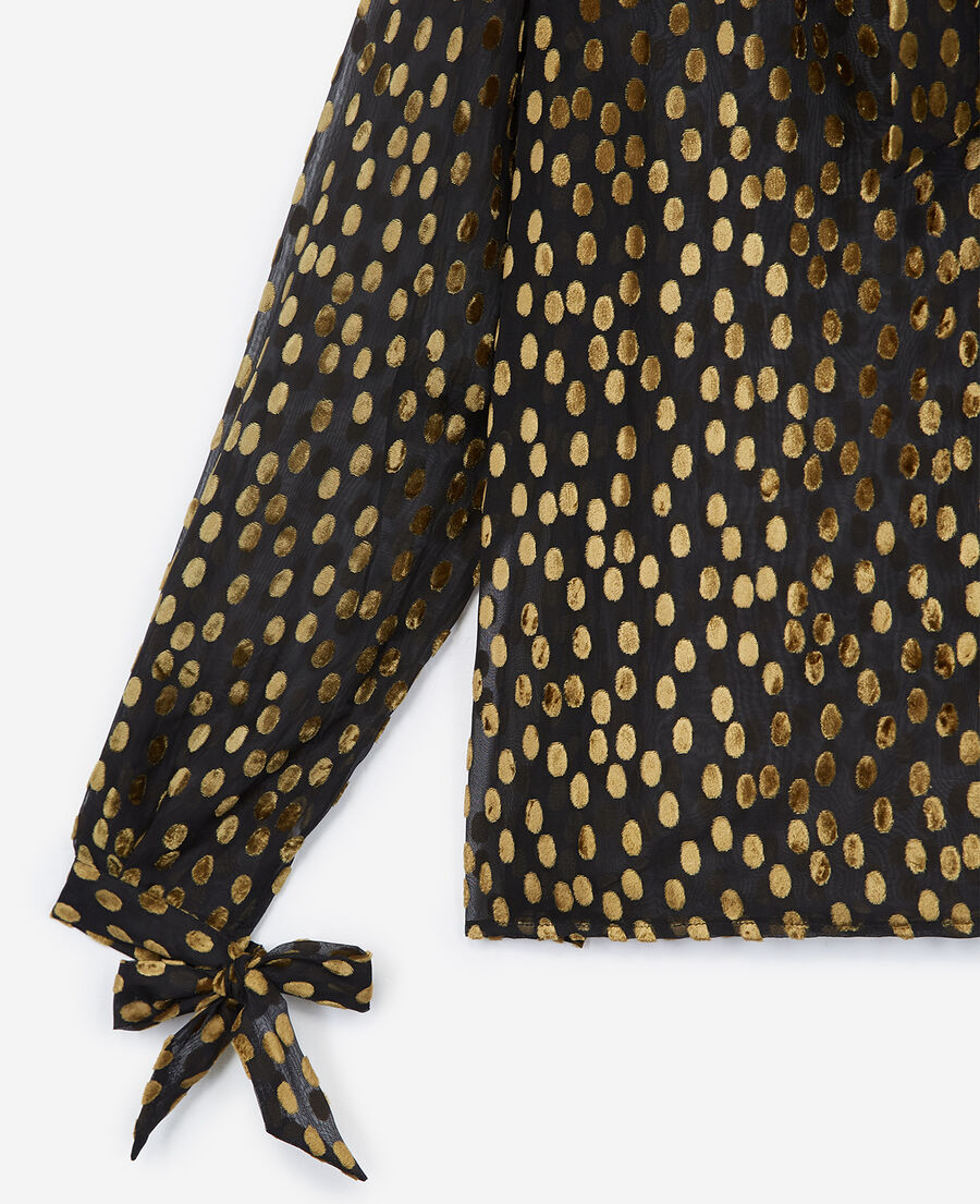 black silk top with bow, yellow dots