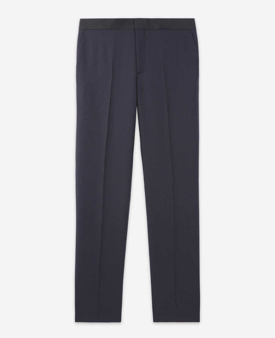 midnight blue wool suit pants with creases