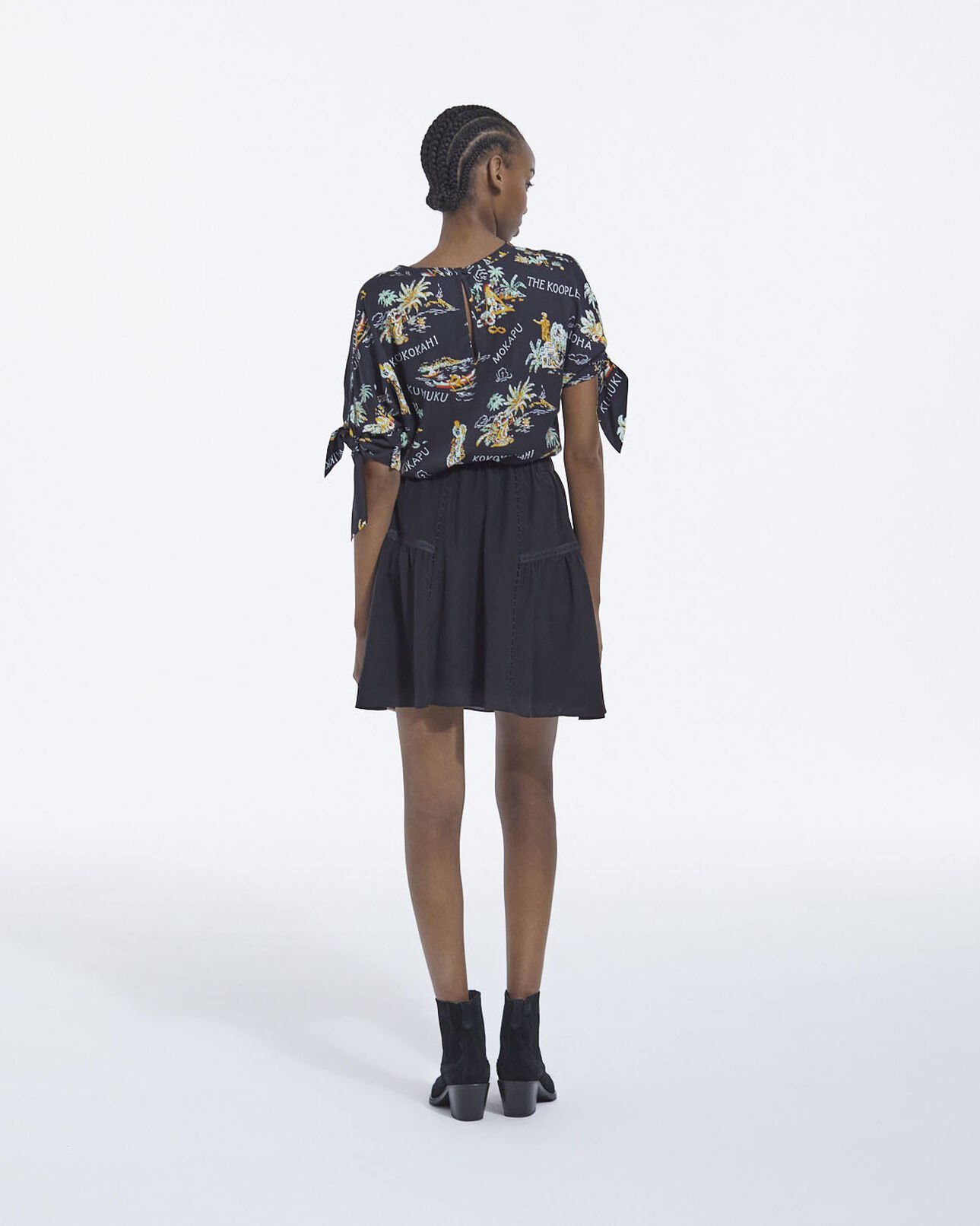 The Kooples FEMME BLACK jupe soie noire courte à détail gallon