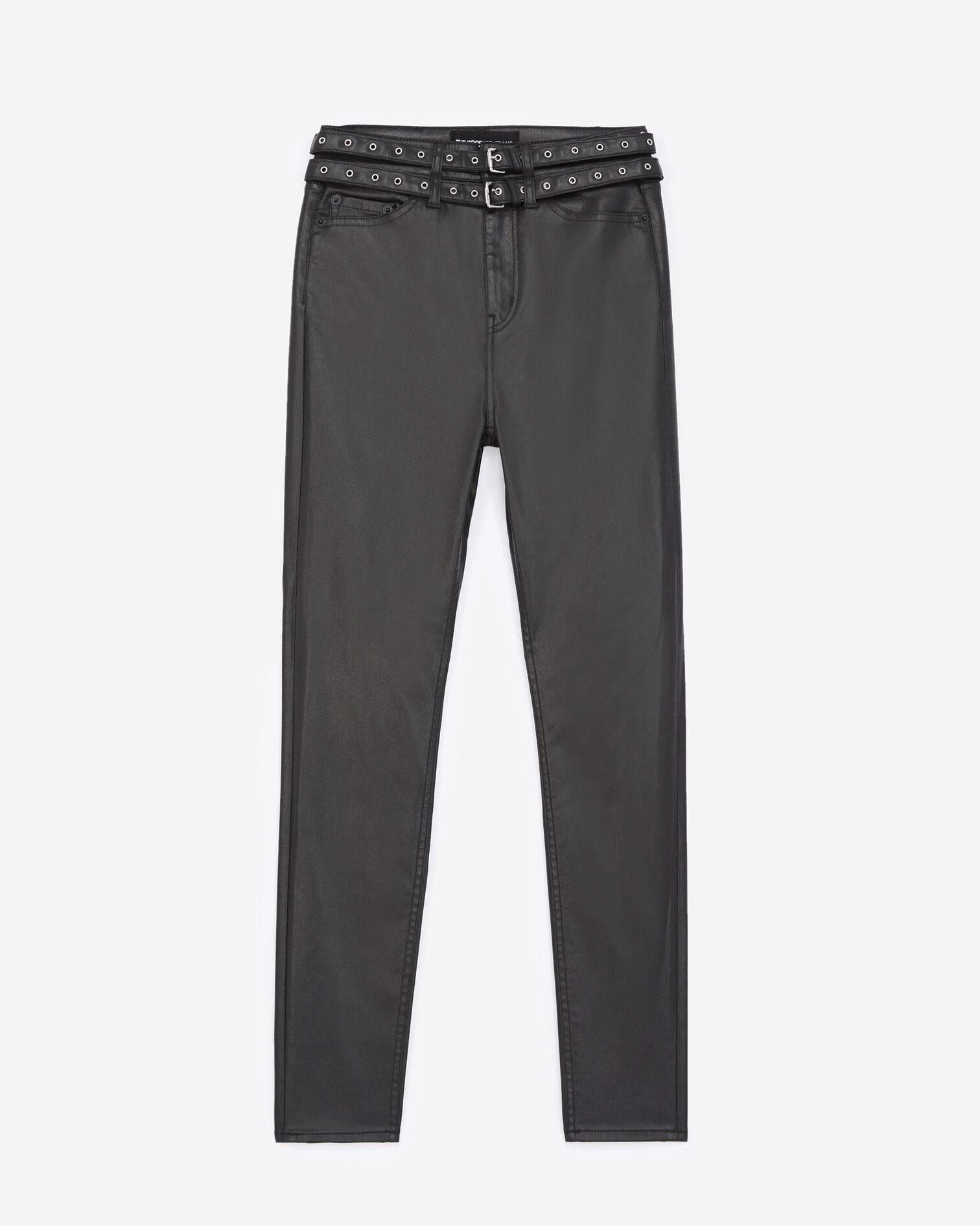 Faux leather jeans with double belt, BLACK, hi-res image number null