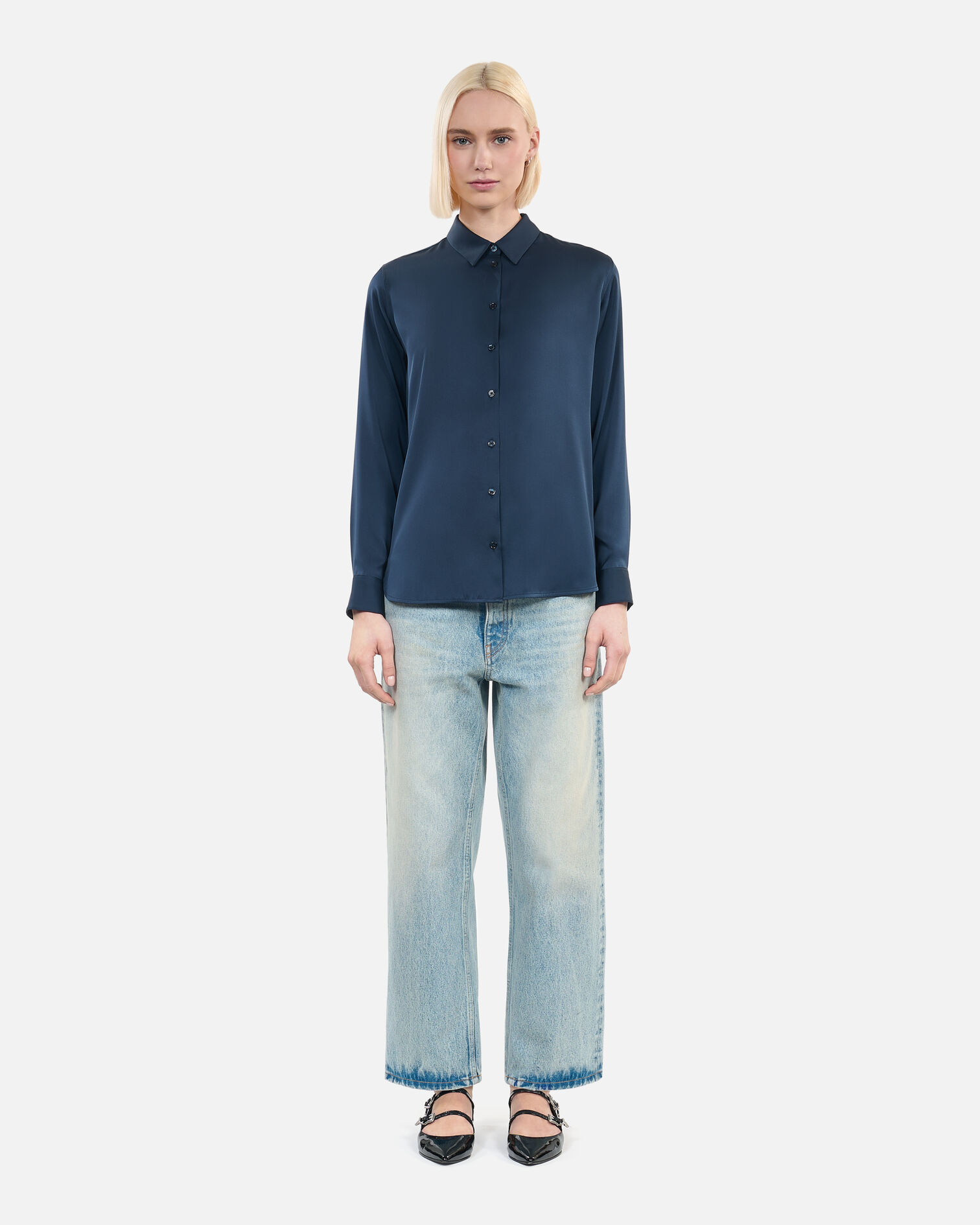 Navy blue silk shirt, DARK NAVY, hi-res image number null