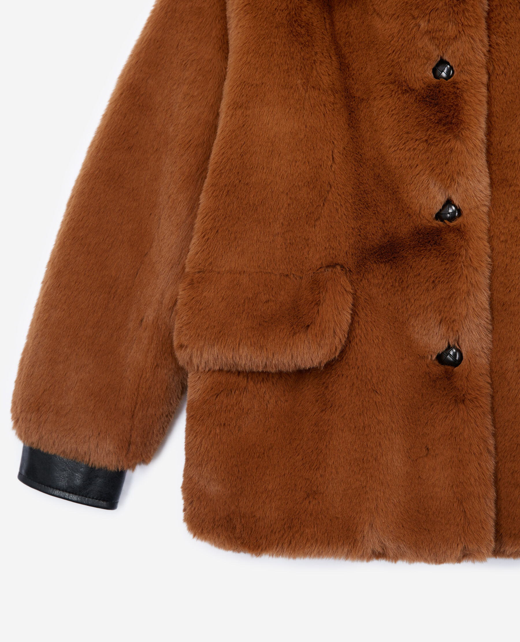 Brown faux fur coat with leather details