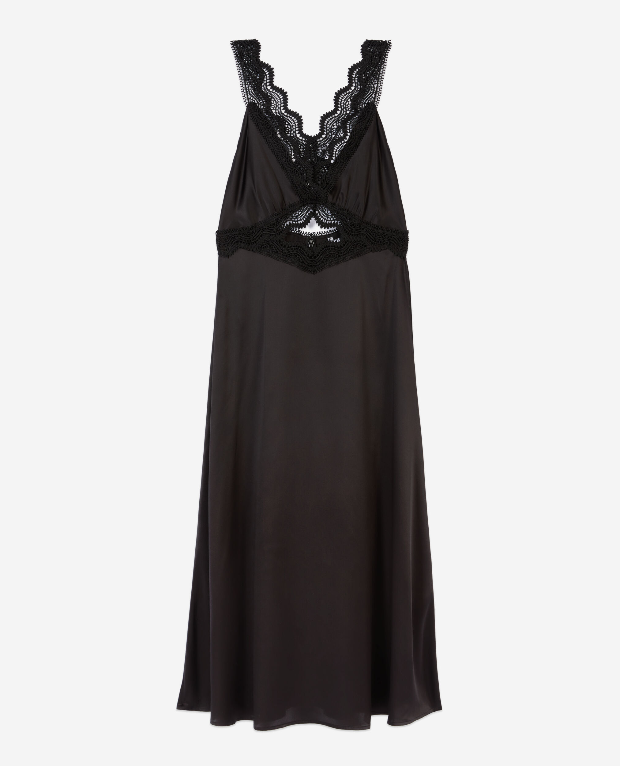 Long black slip dress with guipure, BLACK, hi-res image number null