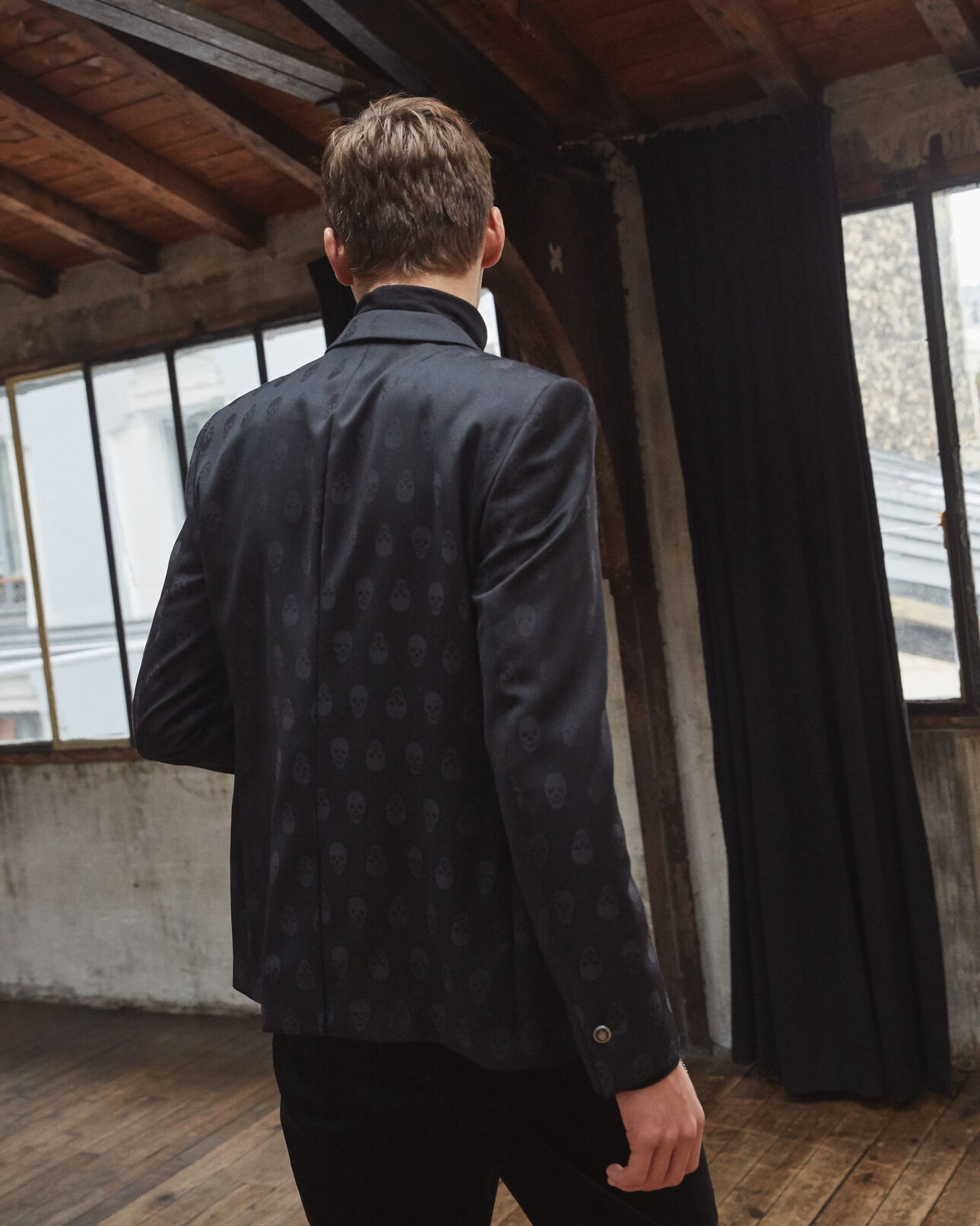 The Kooples MEN BLACK / ANTHRACITE black suit jacket with jacquard skull motif