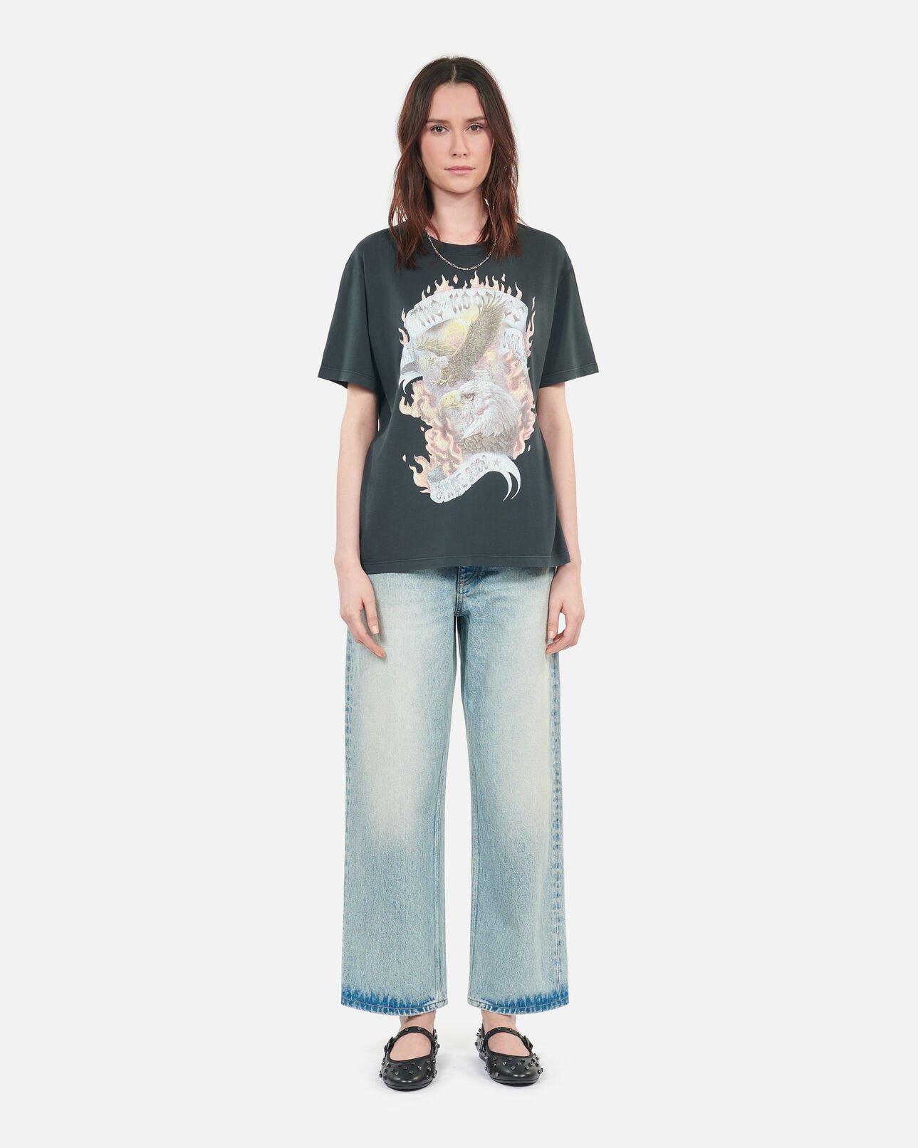 The Kooples WOMEN BLACK WASHED black eagles on fire serigraphy t-shirt
