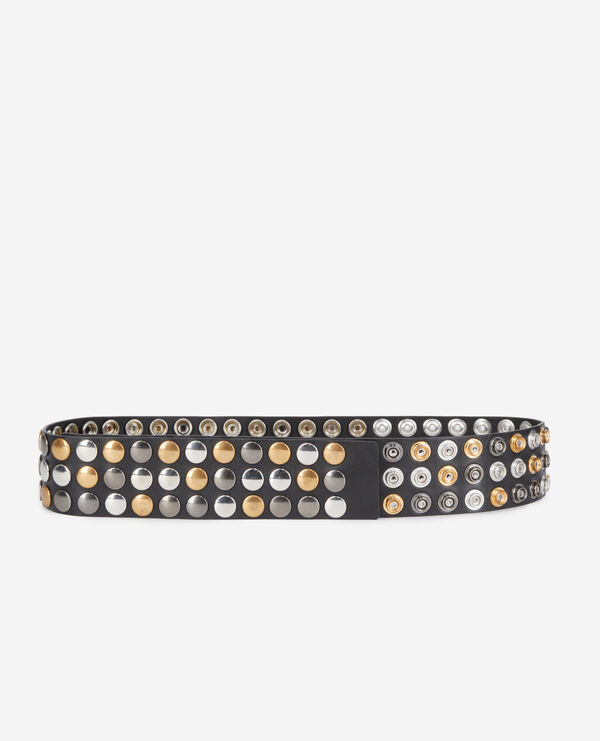 wide black leather belt with press studs