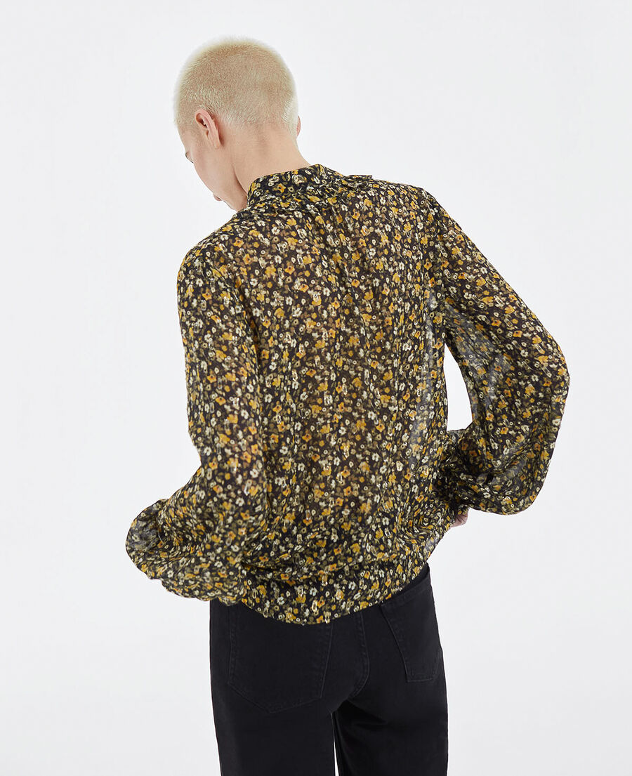 floral black and yellow top in knotted silver details