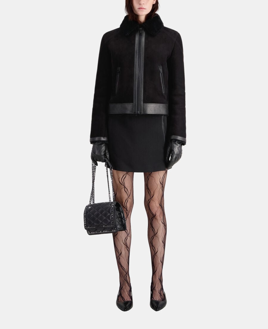 The Kooples DAMEN BLACK schwarze bomberjacke mit wildleder-optik