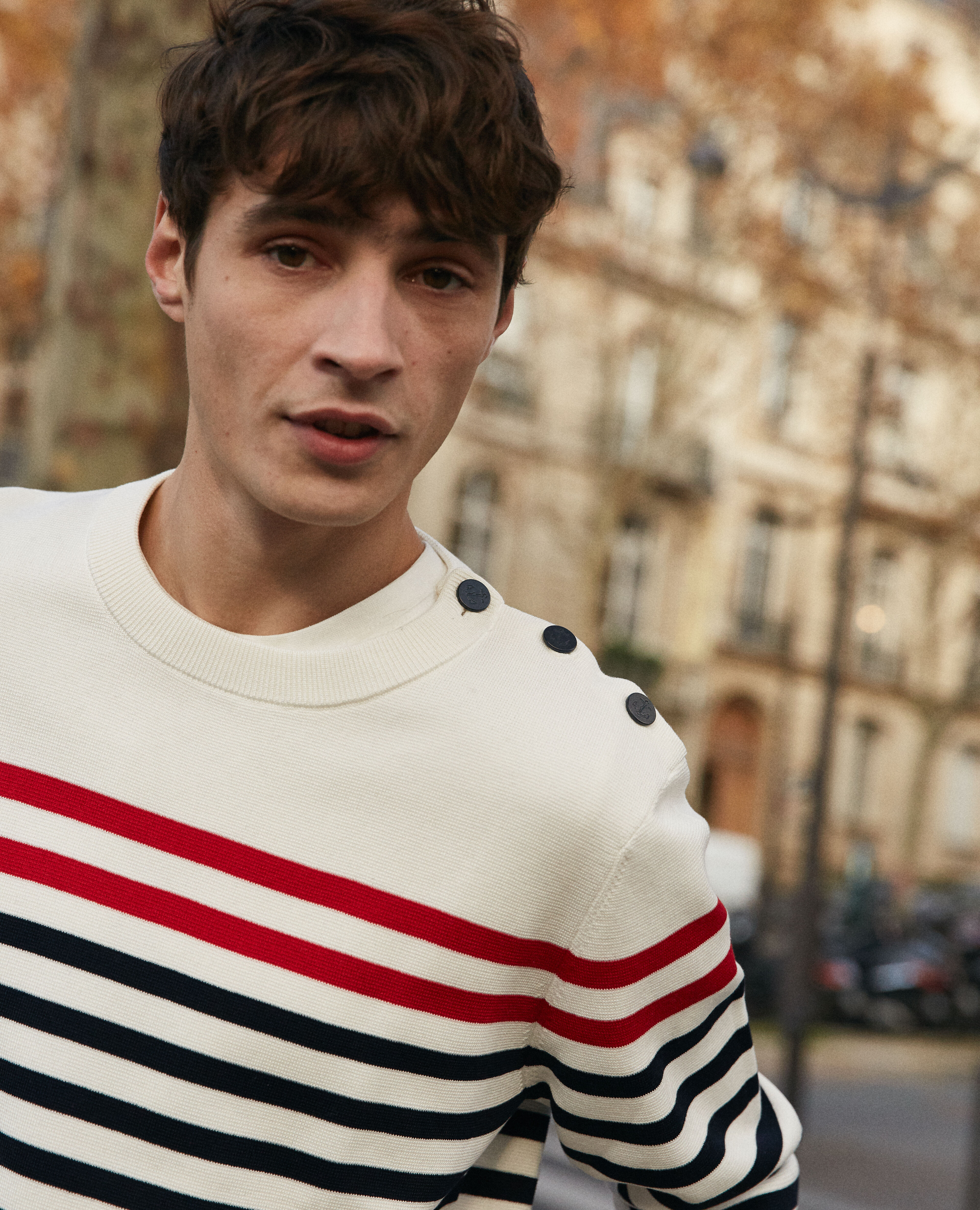 Ecru sweater with blue and red stripes The Kooples