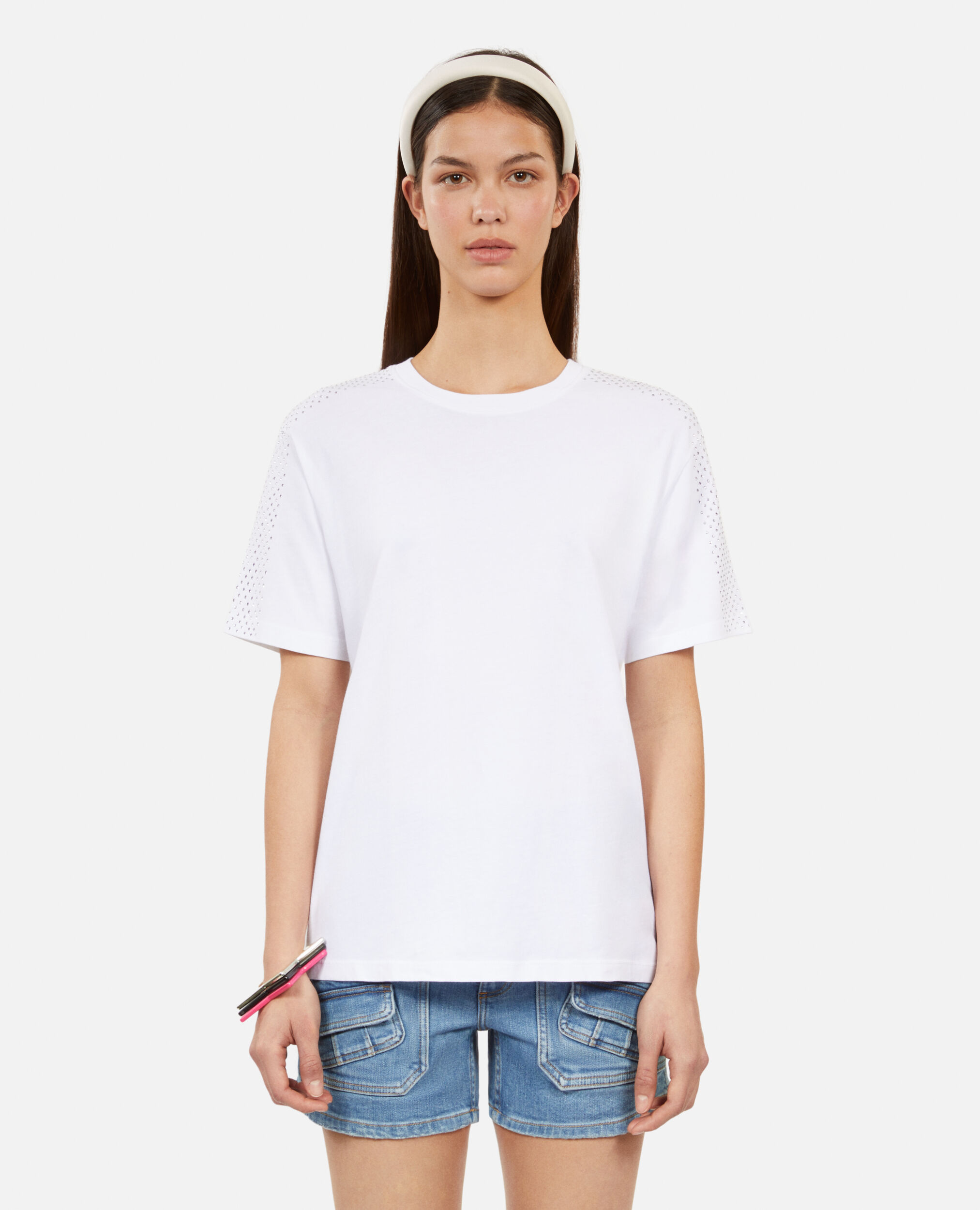Weißes T-Shirt mit Strassbesatz für Damen, WHITE, hi-res image number null