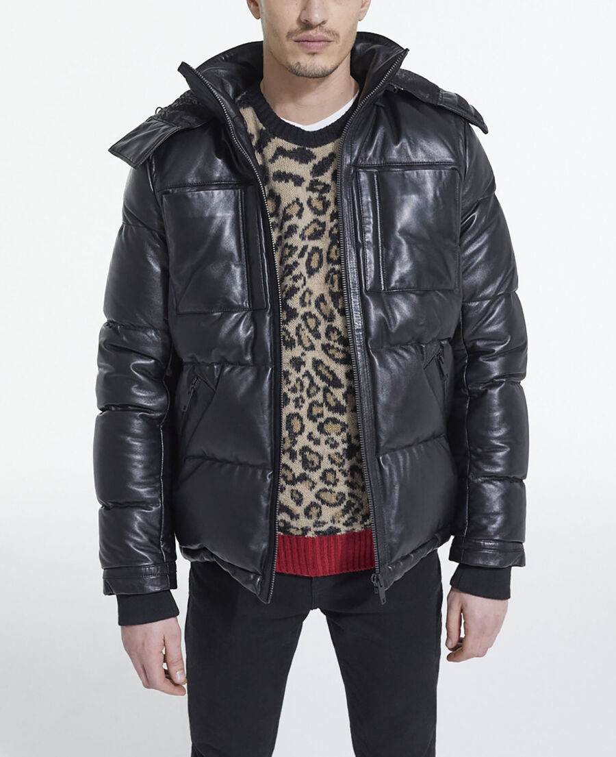 black leather down jacket with straps