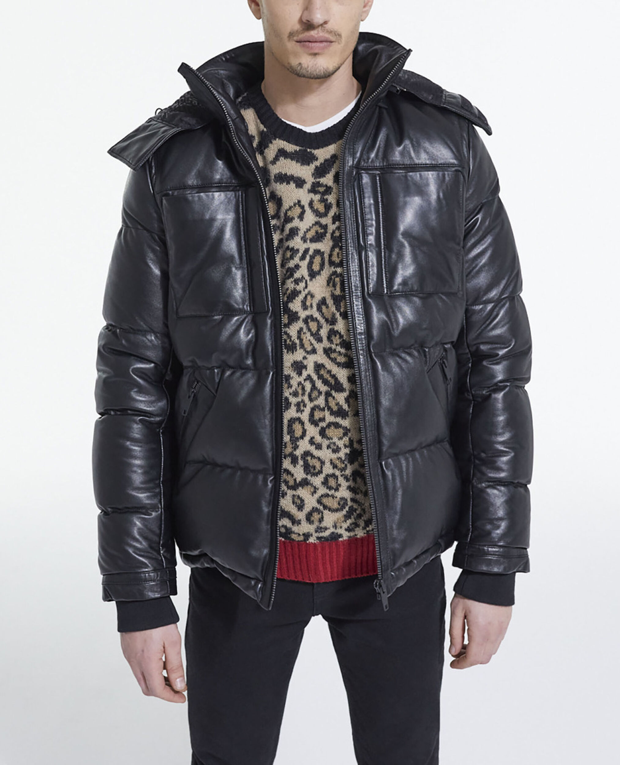 Black leather down jacket with straps, BLACK, hi-res image number null