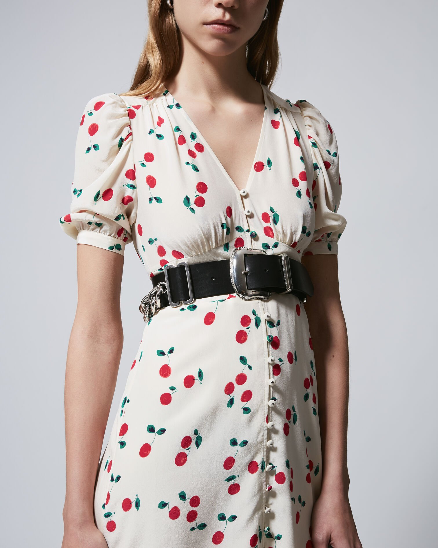 Robe courte écrue imprimé cerises en soie, ECRU RED, hi-res image number null