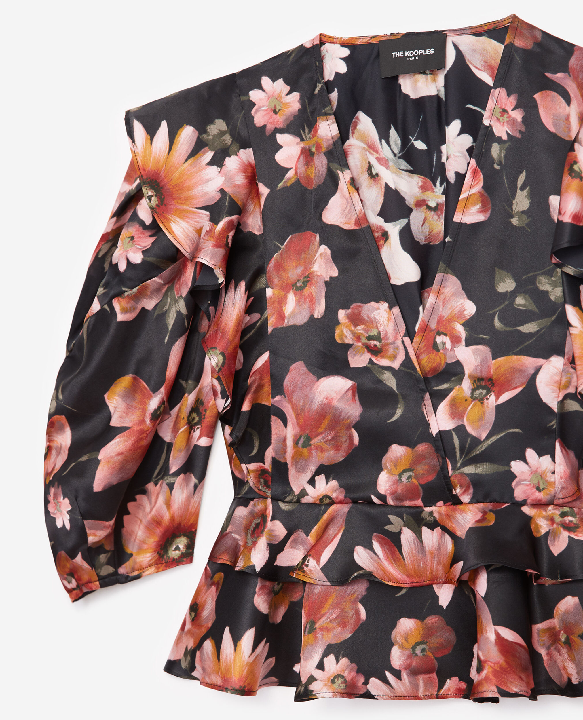 Frilly black top with floral print, BLACK, hi-res image number null