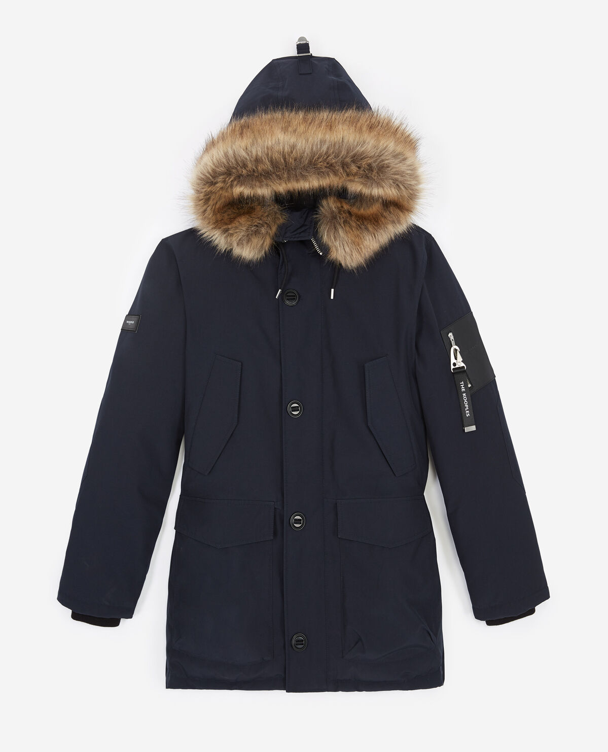 Blue parka with faux fur hood