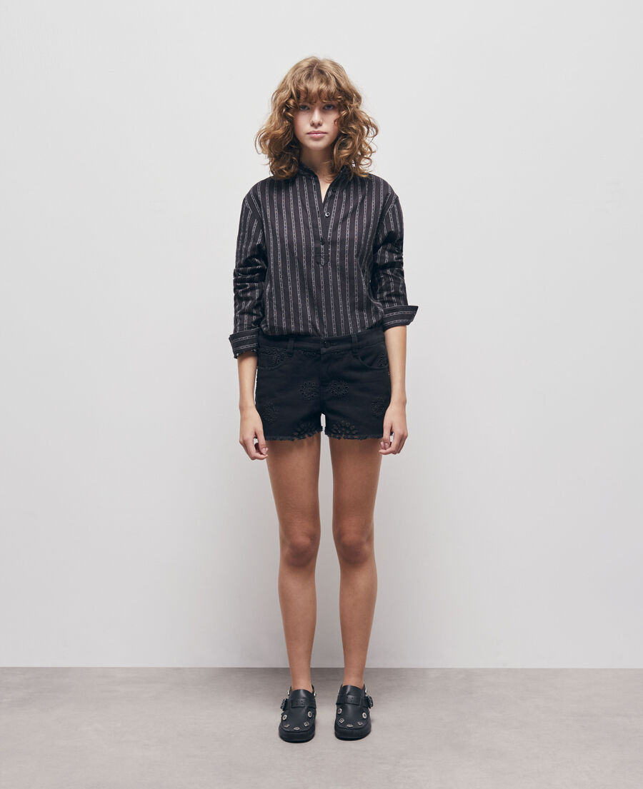 black denim shorts with broderie anglaise