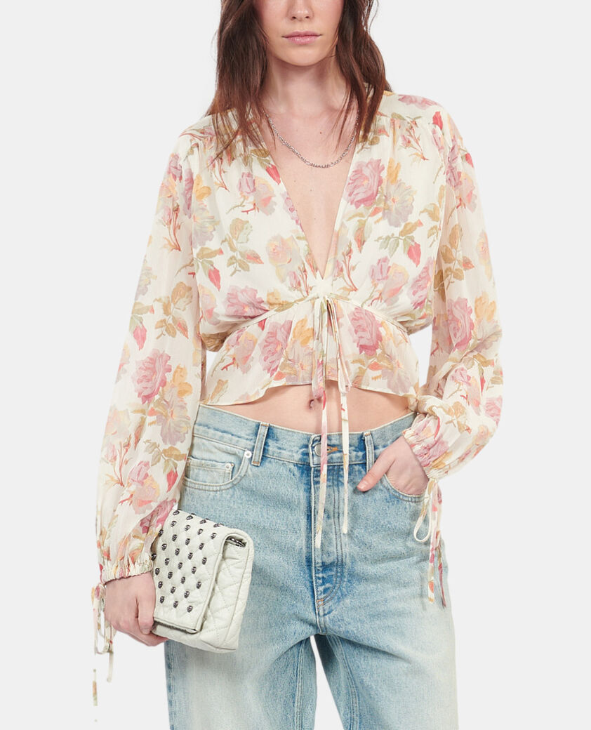 The Kooples MUJER BEIGE / RED top de seda estampado floral y volantes
