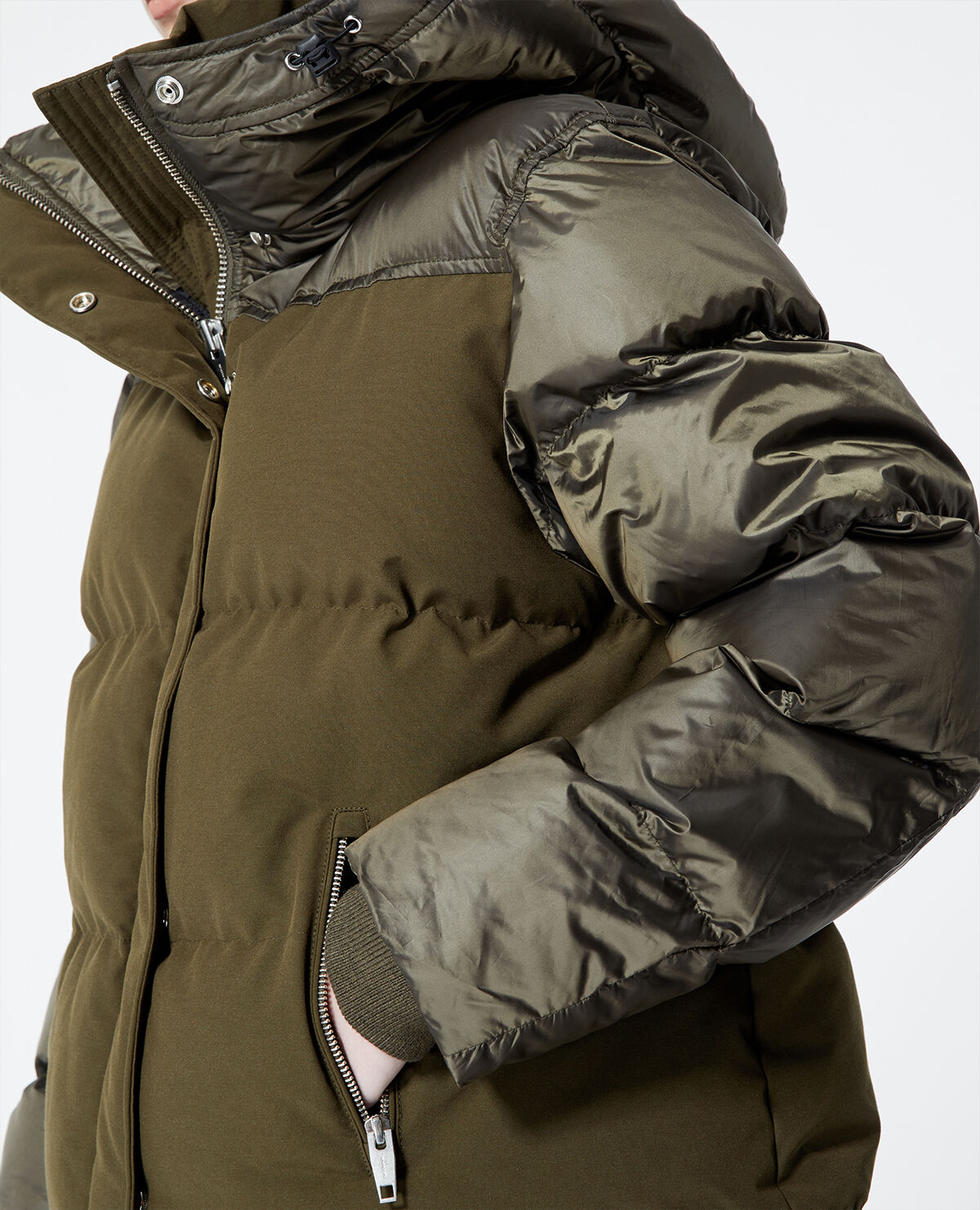 Dual material-effect nylon khaki down jacket | The Kooples US