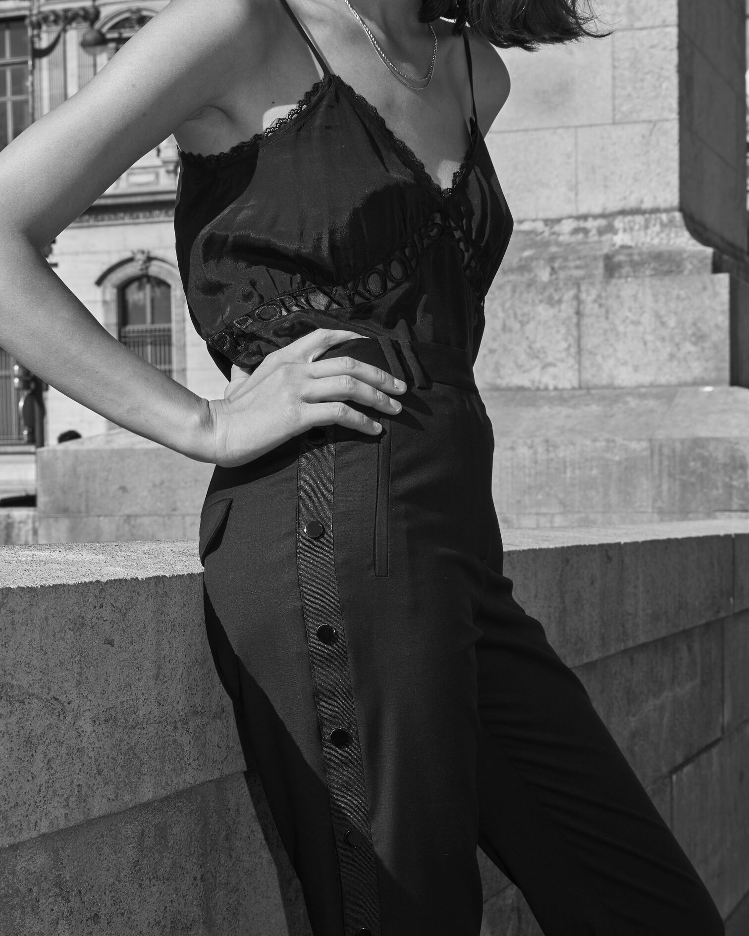 Pantalon ajusté noir à boutons-pression, BLACK, hi-res image number null